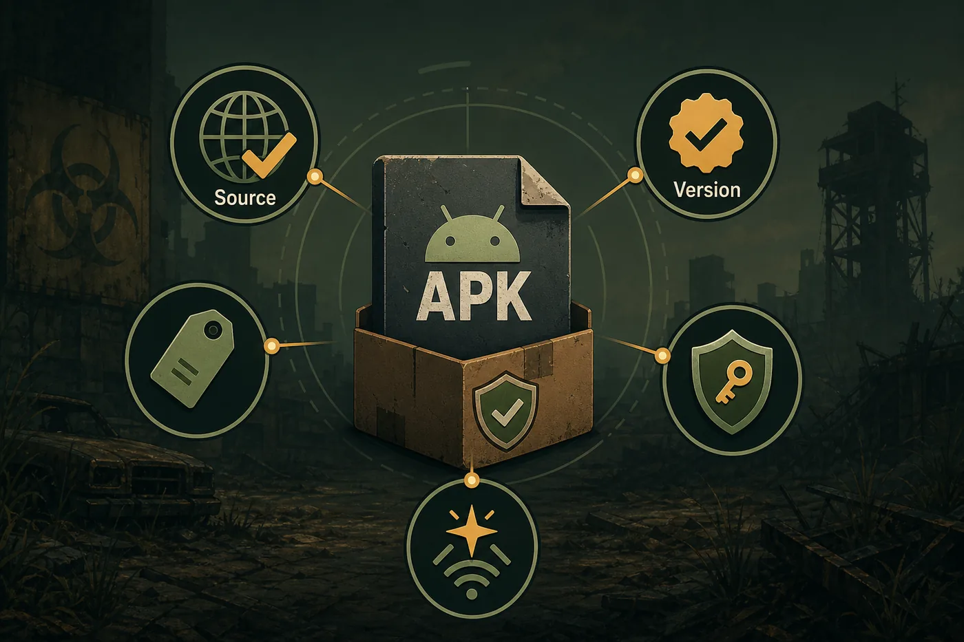 Editorial Devastate APK Android verification graphic showing source, package, version, permissions, and first launch checks