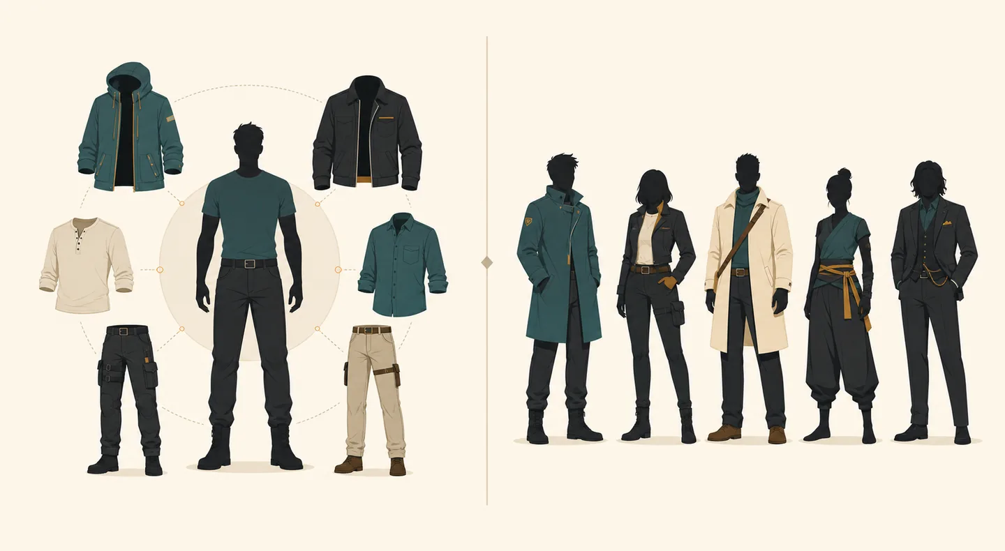 Concept comparison of one character with outfits and a roster of different characters