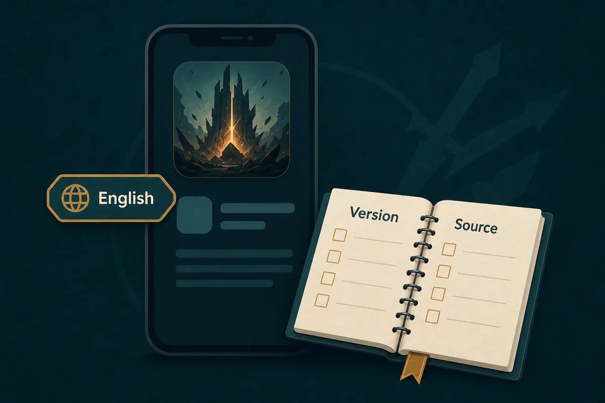 Editorial Devastate English version checklist with phone listing, language badge, version notebook, and source notes
