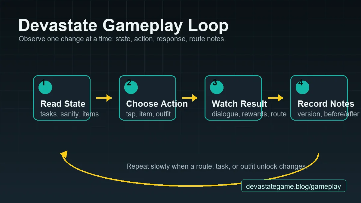 Devastate gameplay loop diagram showing state check, interaction, item use, task progress, and route notes