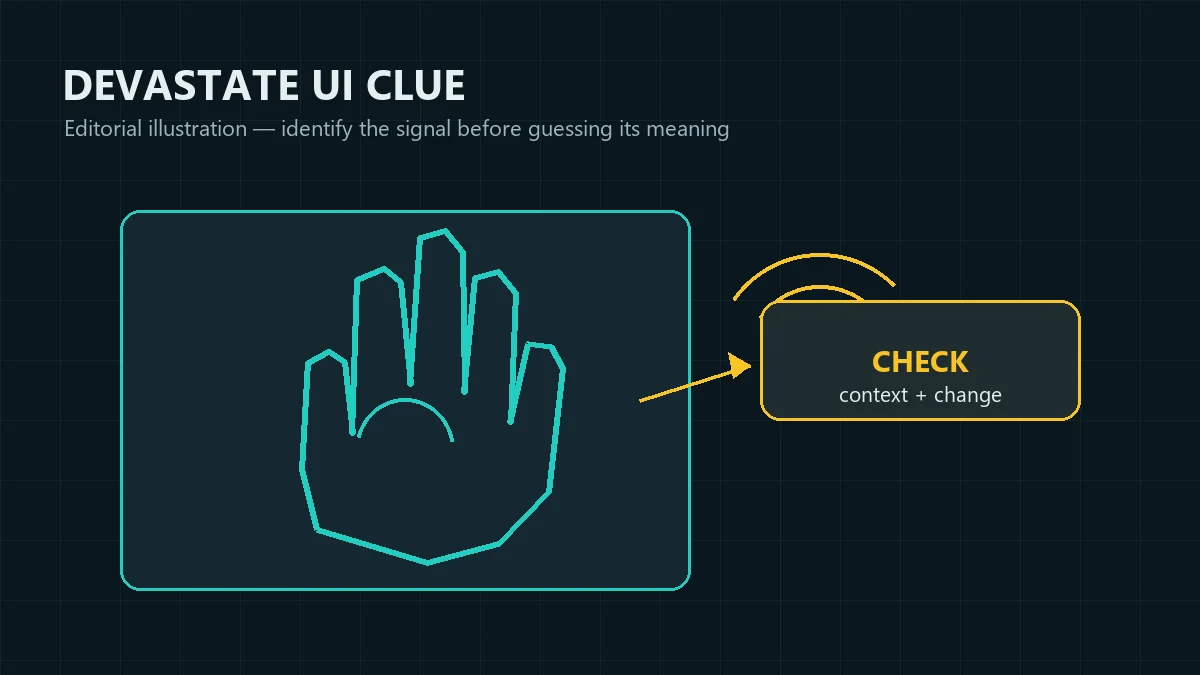 Editorial illustration of a hand-shaped Devastate interface clue beside a glowing status signal