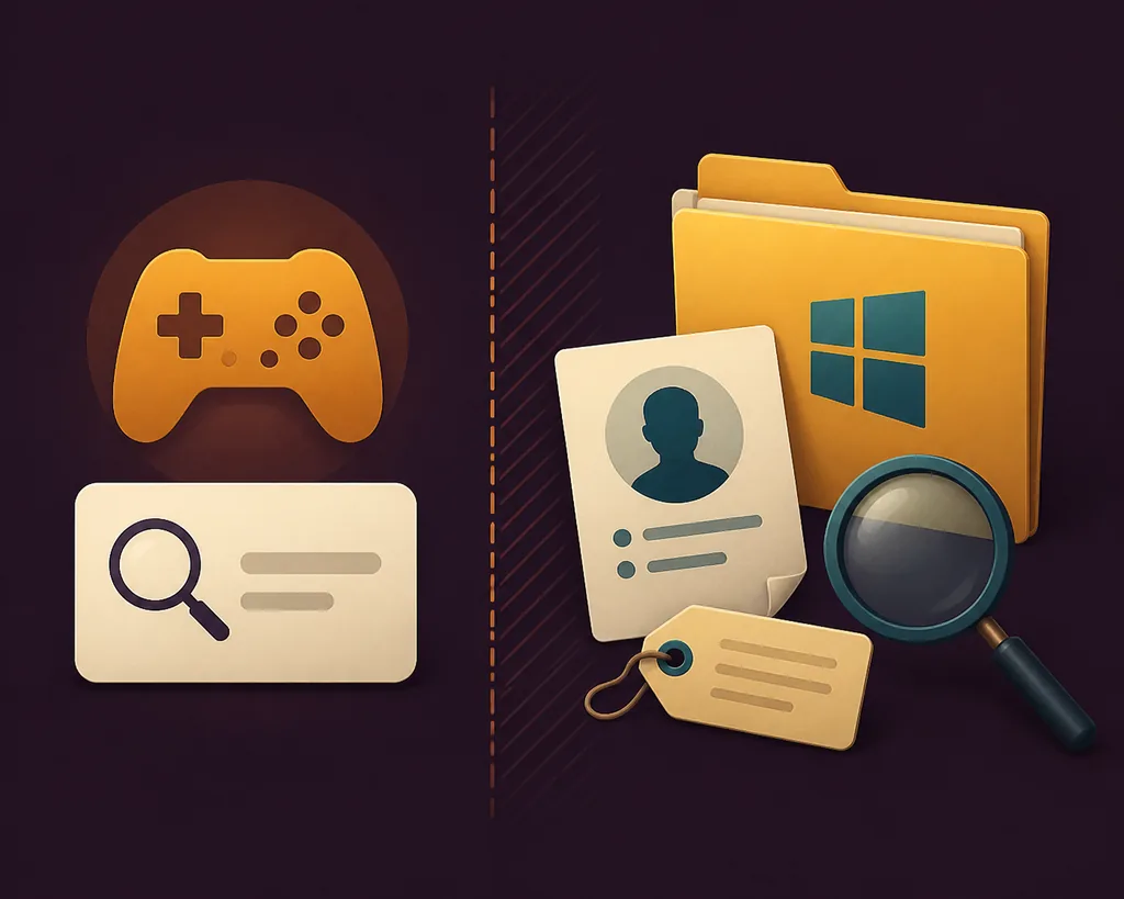 Editorial illustration comparing a generic itch.io platform search with a Windows product identity check for Devastate