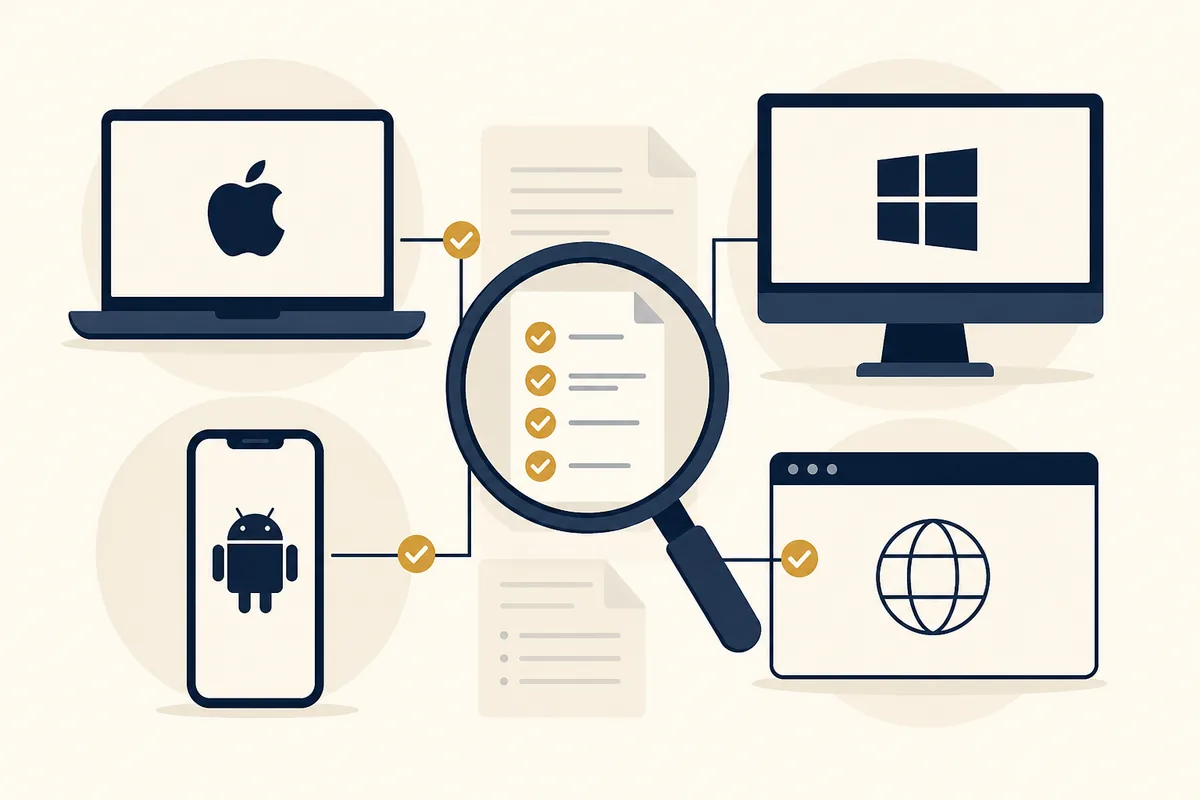 Editorial comparison of Mac, Windows, Android, and browser platform symbols around a source check