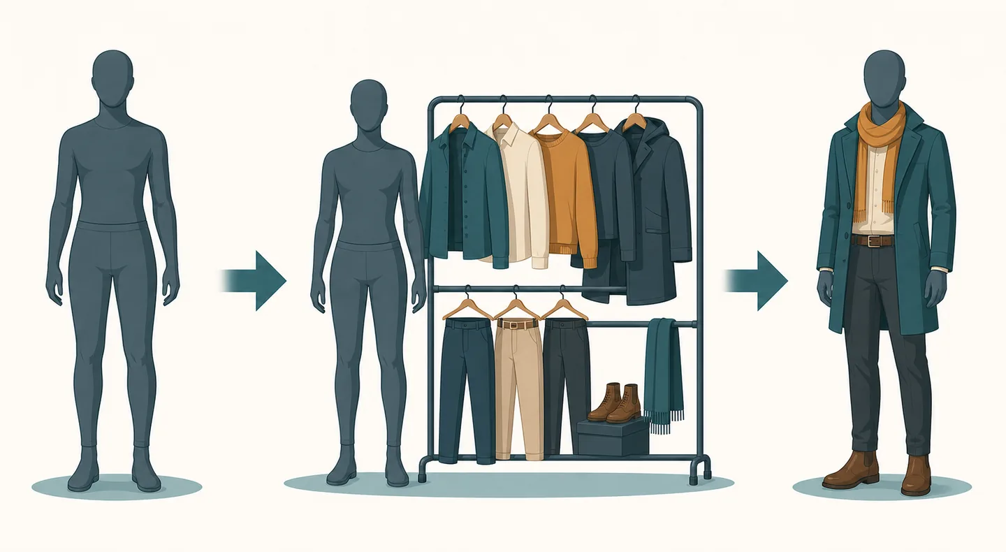 Editorial flow from one character to clothing choices and a changed outfit