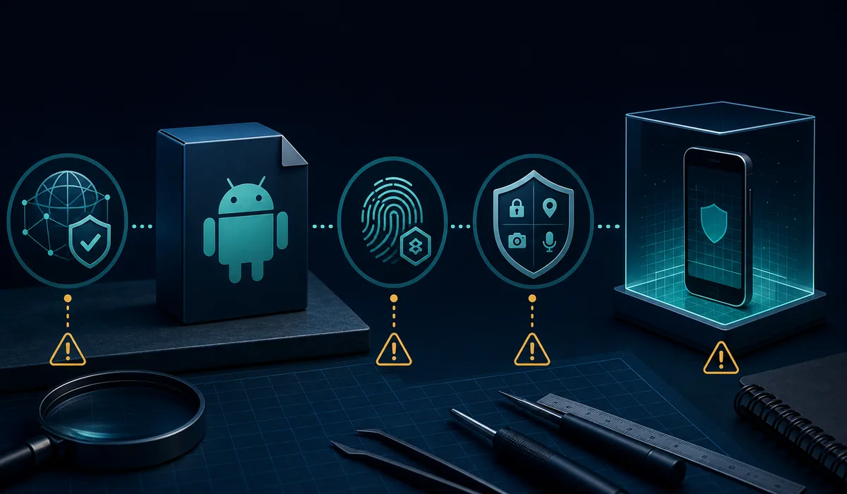 Editorial checklist for checking an APK source, package, permissions, and first launch