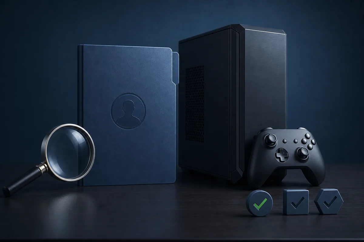 Editorial illustration of a creator folder, PC tower, game controller, magnifying glass, and three verification symbols