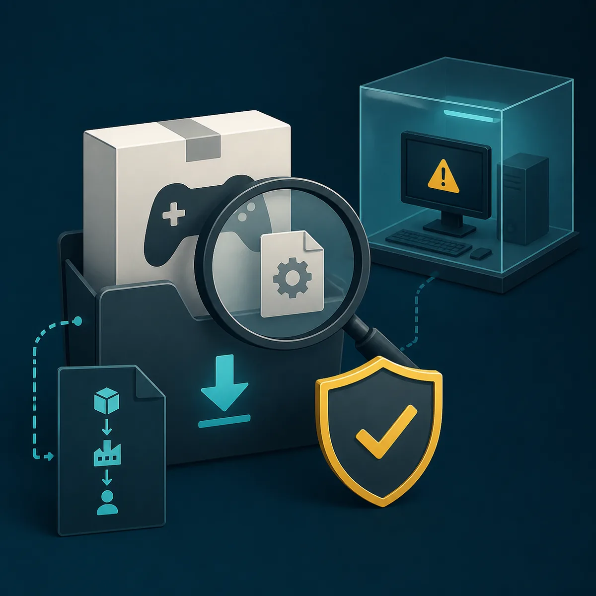 Editorial illustration of checking a Devastate download package with a magnifying glass and shield