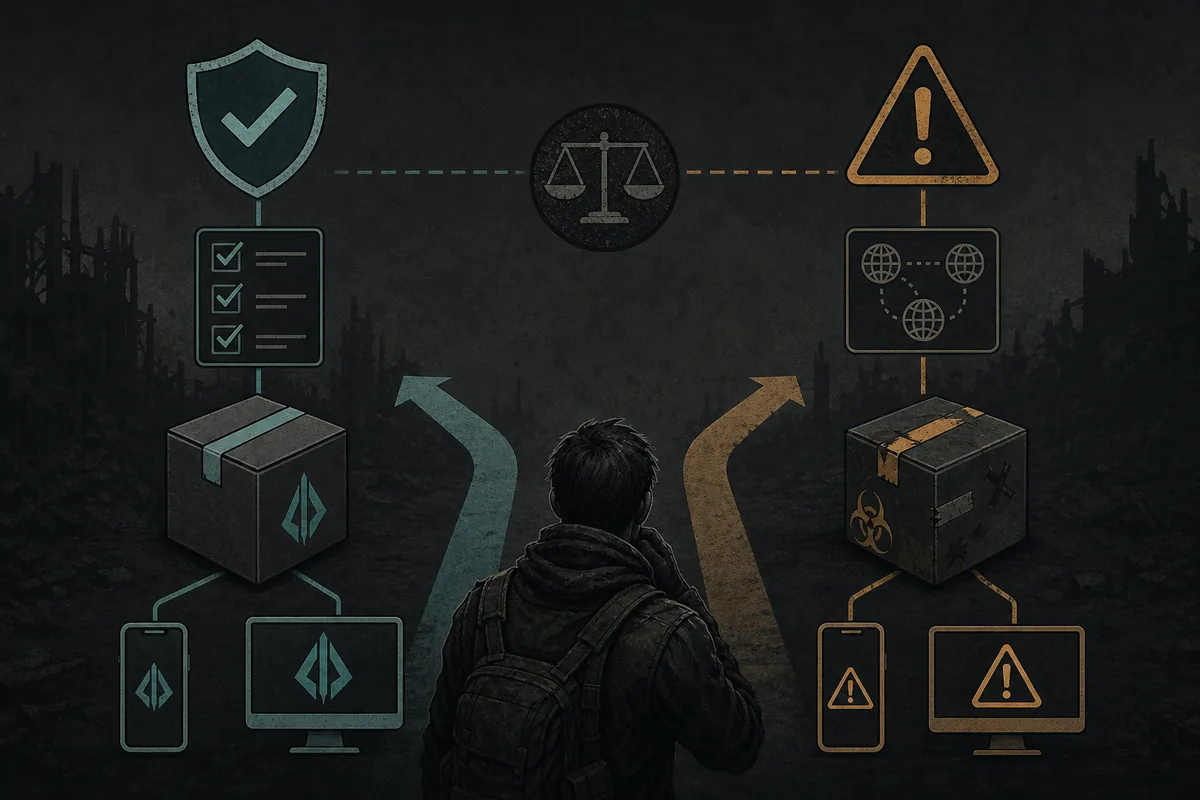 Editorial safety graphic for checking Devastate source, package, platform, and version details