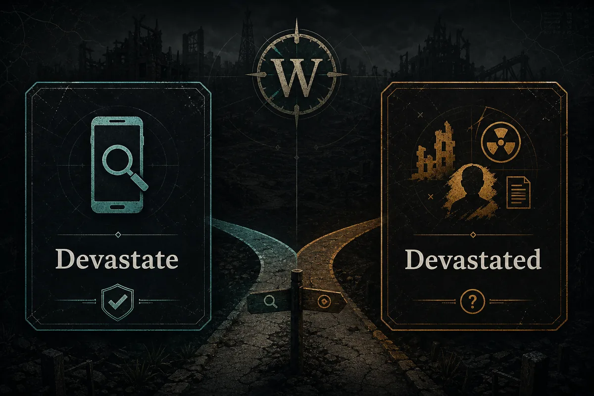 Editorial comparison graphic for checking Devestate and Devastate spelling before choosing a download source